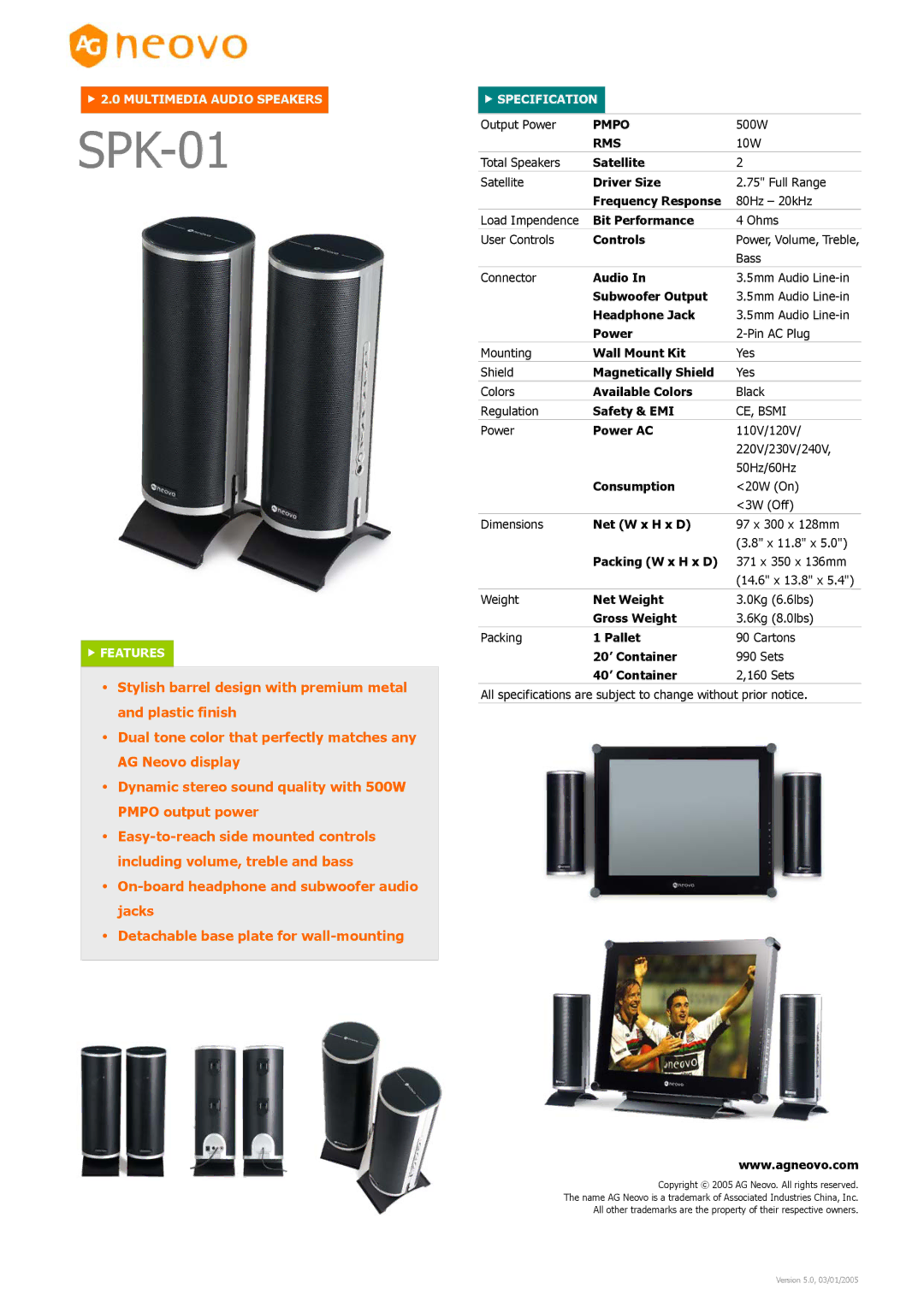 AG Neovo SPK-01 dimensions Pmpo, Rms 