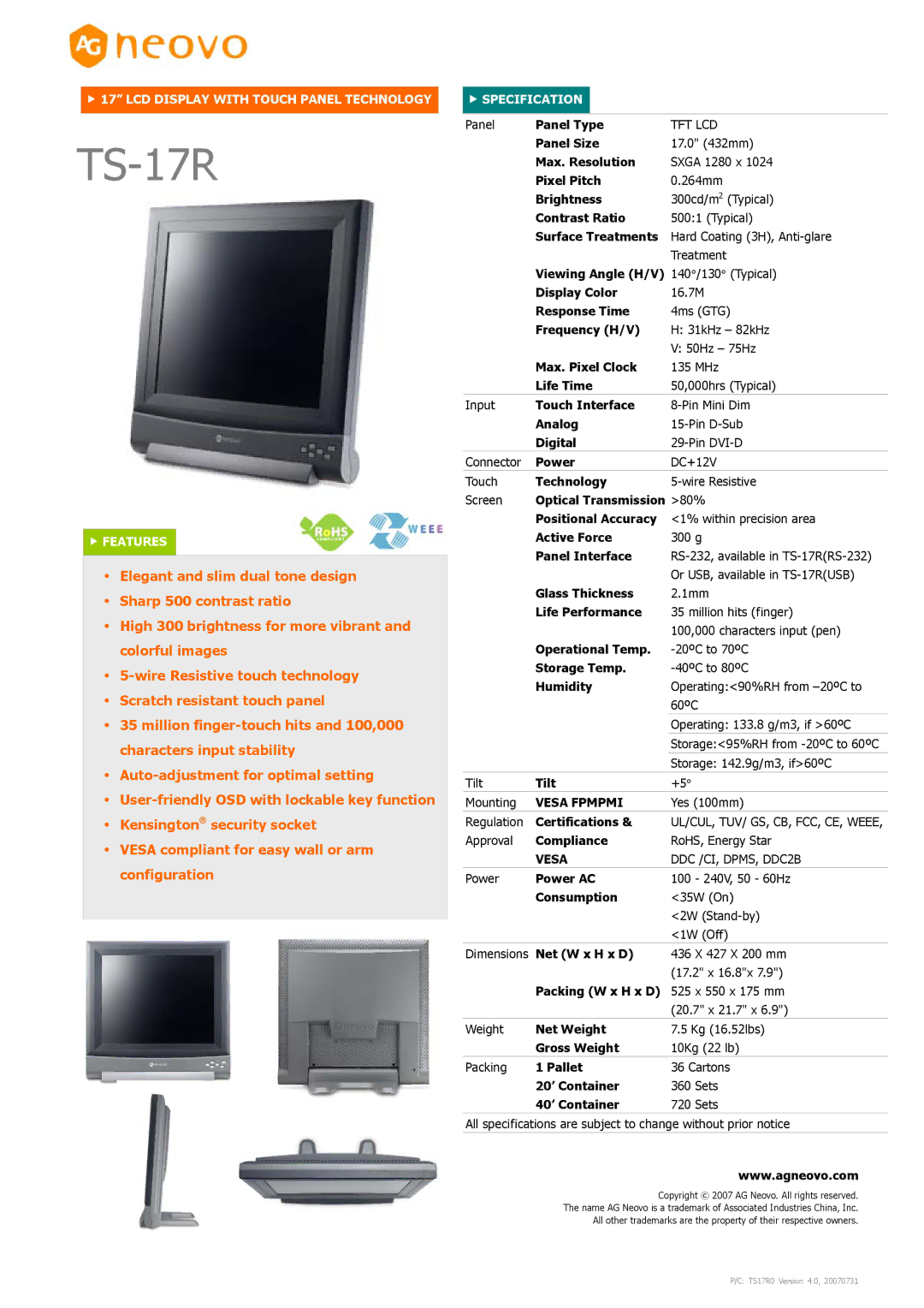 AG Neovo TS-17R manual Vesa Fpmpmi 