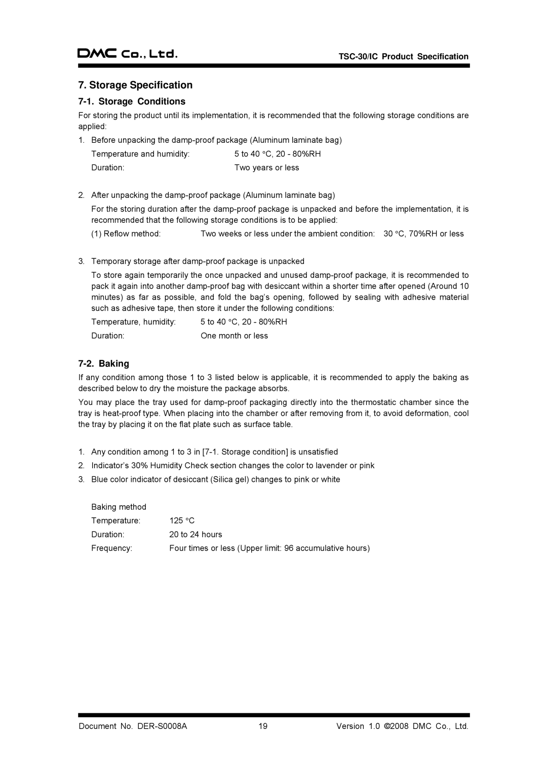 AG Neovo TSC-30/IC manual Storage Specification, Storage Conditions, Baking 