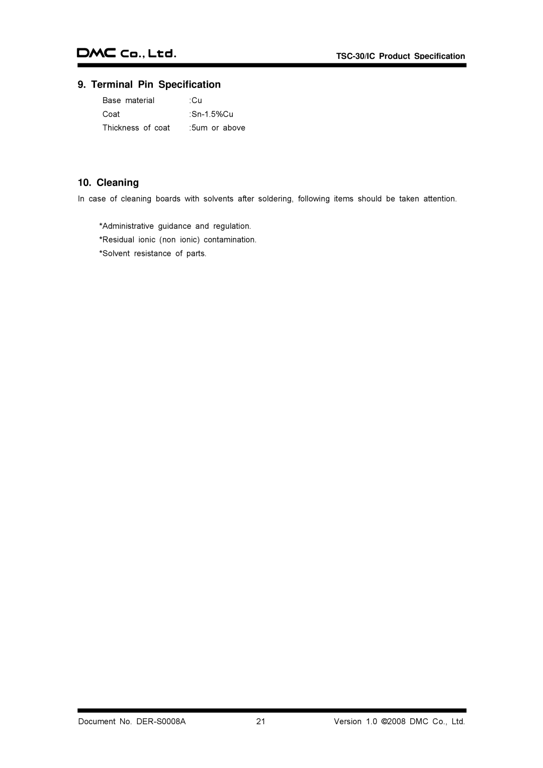 AG Neovo TSC-30/IC manual Terminal Pin Specification, Cleaning 