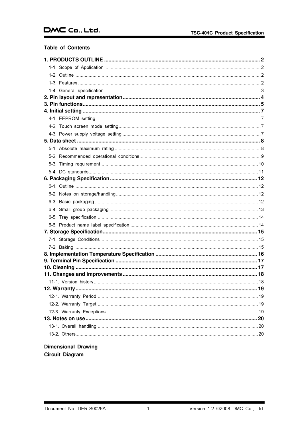 AG Neovo TSC-40/IC manual Table of Contents, Dimensional Drawing Circuit Diagram 