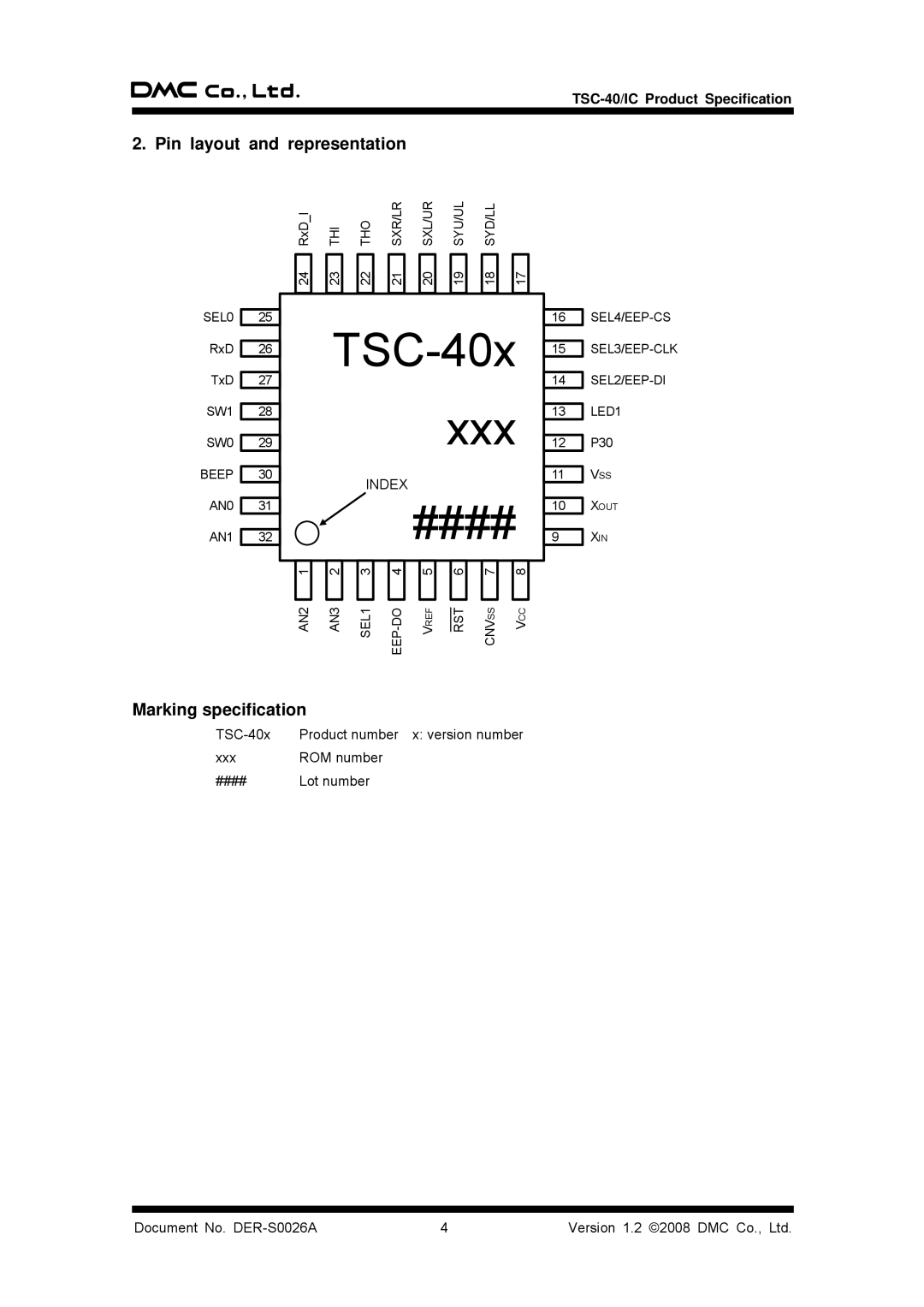 AG Neovo TSC-40/IC manual Pin layout and representation, Marking specification 