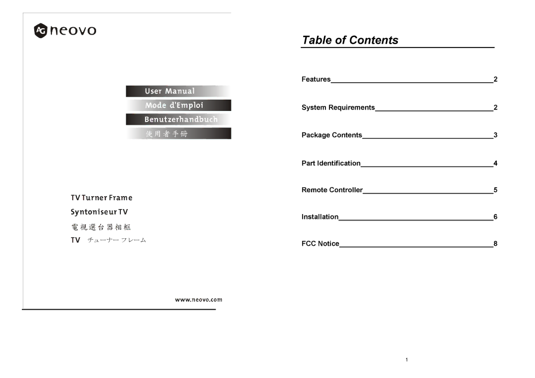 AG Neovo TV-01 manual Table of Contents 