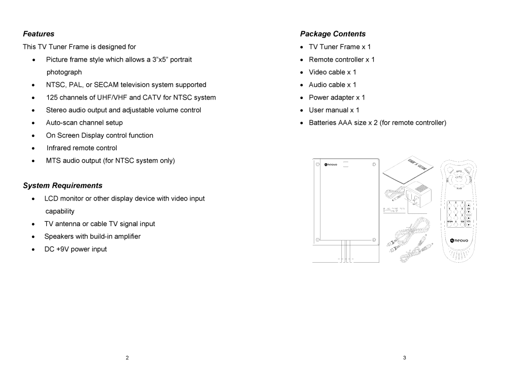 AG Neovo TV-01 manual Features Package Contents, System Requirements 