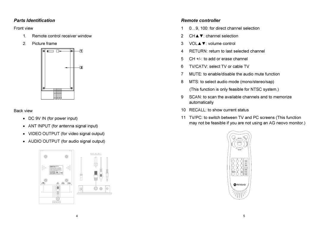 AG Neovo TV-01 manual Parts Identification, Remote controller 