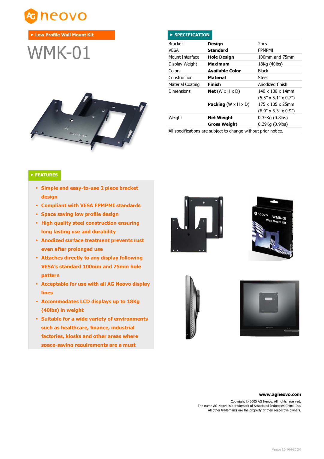 AG Neovo WMK-01 dimensions Low Profile Wall Mount Kit, Features, Specification 