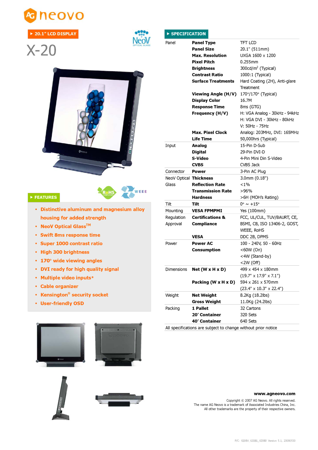 AG Neovo X-20 dimensions LCD Display Features, Specification, Cvbs, Vesa Fpmpmi 