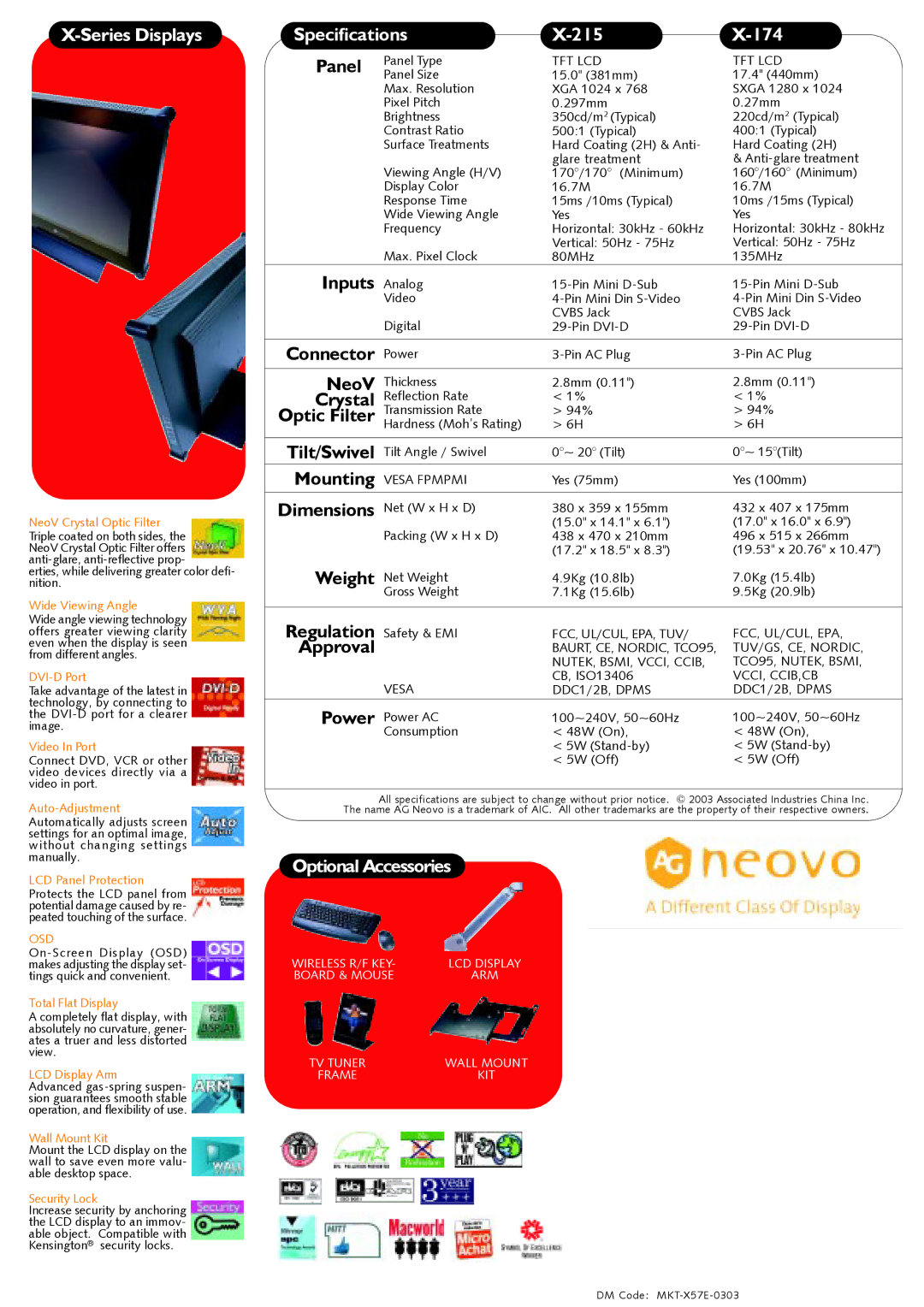 AG Neovo X-215, X-174 warranty Series Displays, Specifications 215 174, Optional Accessories 