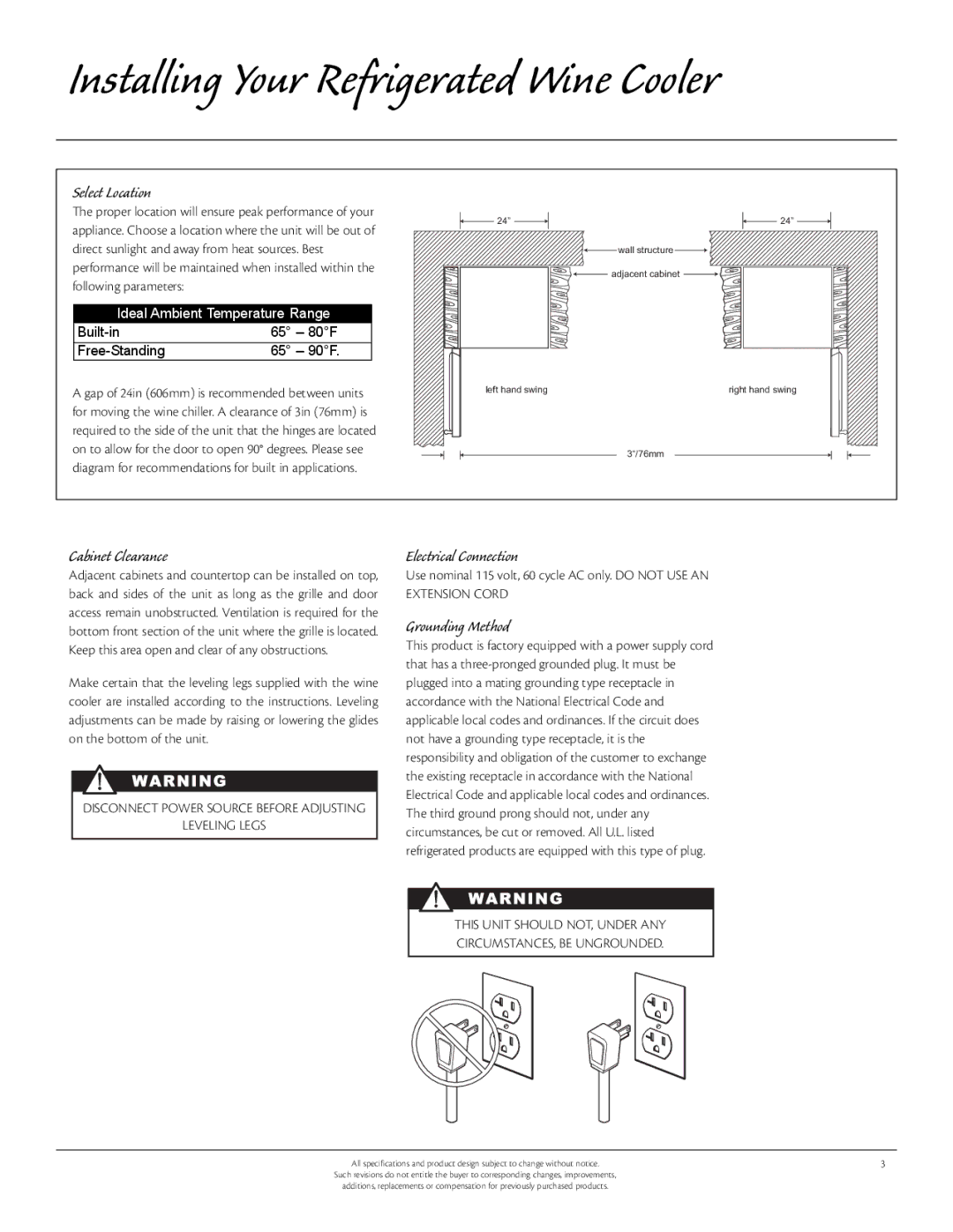 Aga Ranges 6WCA, 115V manual Select Location, Cabinet Clearance, Electrical Connection, Grounding Method 