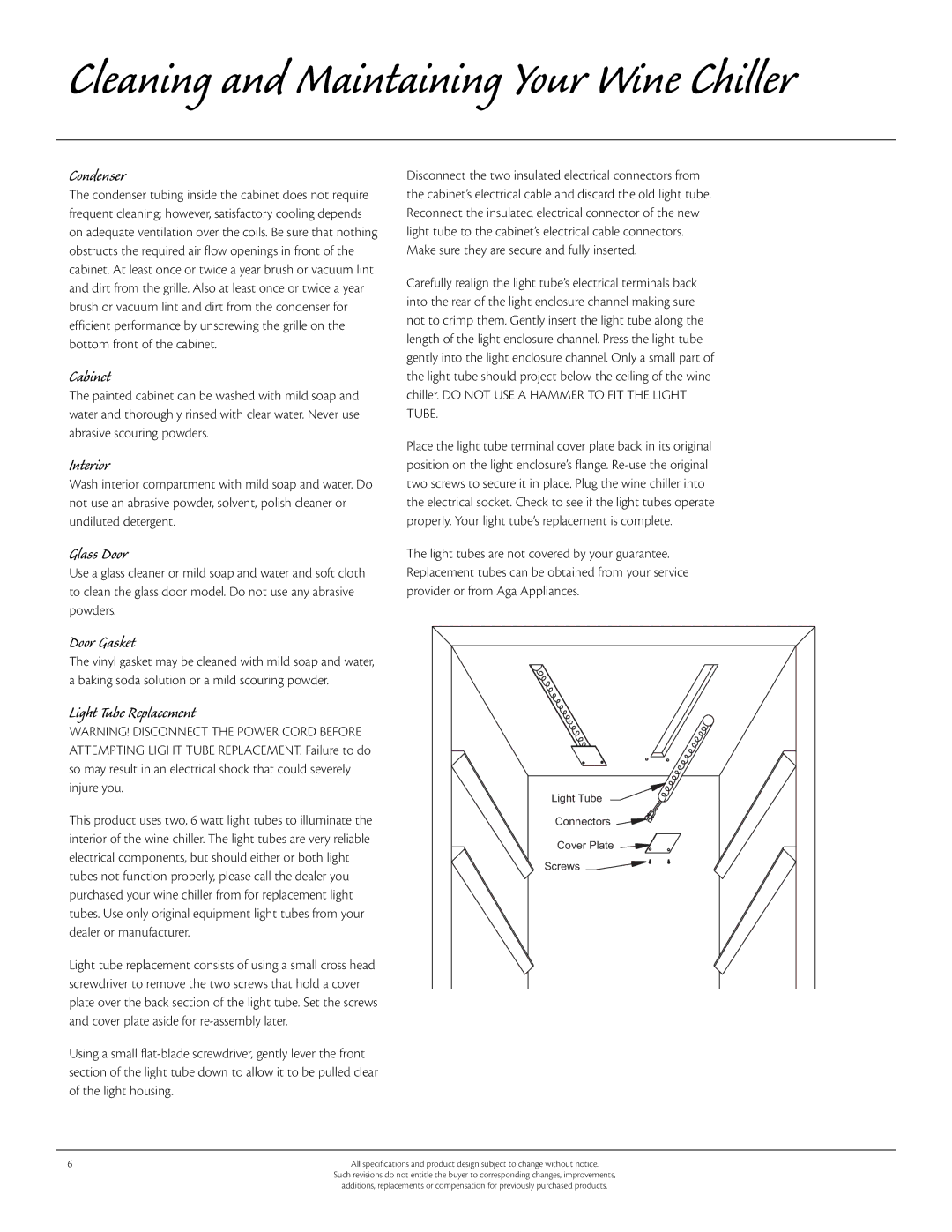 Aga Ranges 115V, 6WCA manual Condenser, Cabinet, Interior, Glass Door, Door Gasket, Light Tube Replacement 