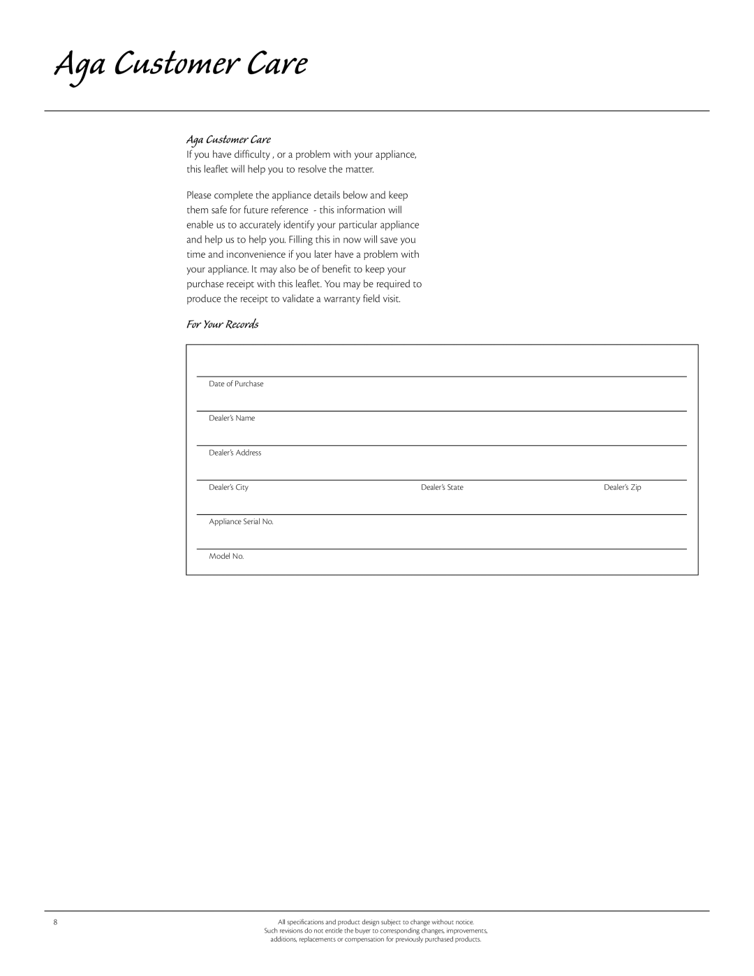 Aga Ranges 115V, 6WCA manual Aga Customer Care, For Your Records 