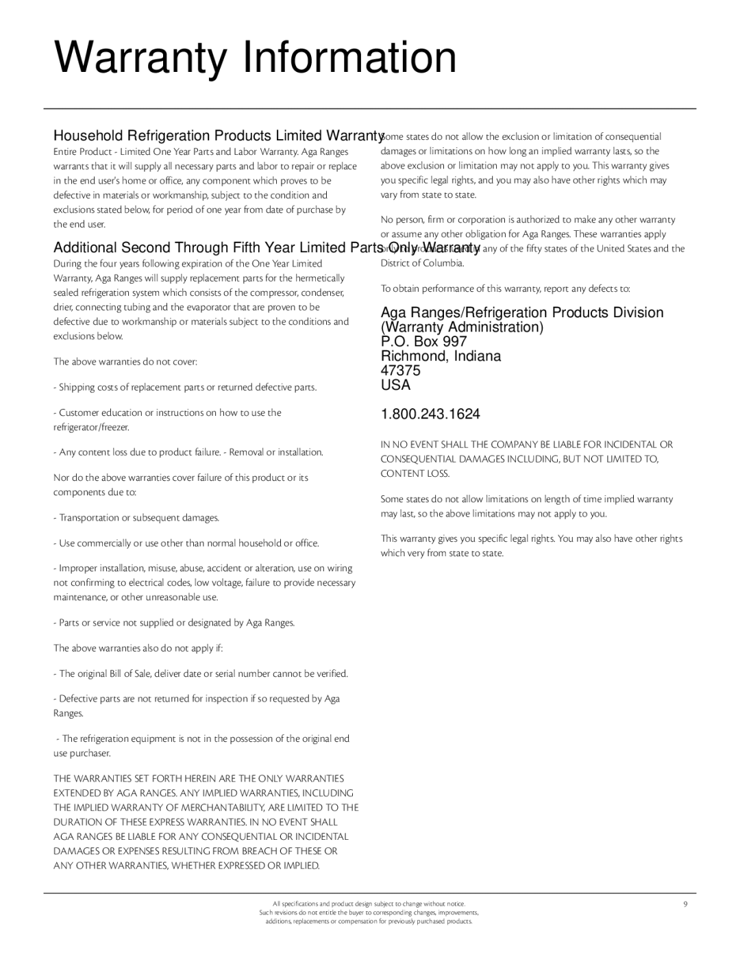 Aga Ranges 6WCA, 115V Warranty Information, Household Refrigeration Products Limited Warranty, Box 997 Richmond, Indiana 