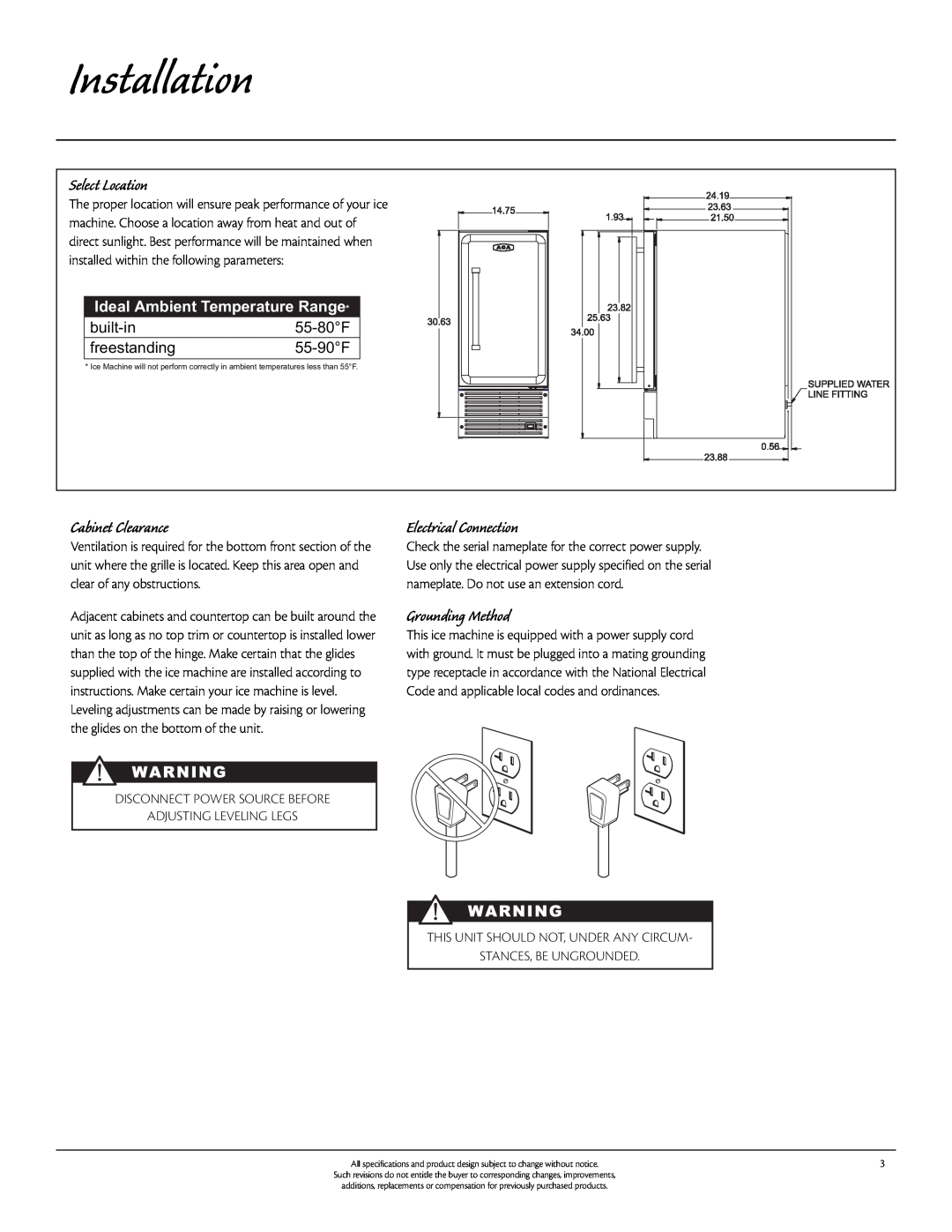 Aga Ranges 30AIM manual Installation, Select Location, Cabinet Clearance, Electrical Connection, Grounding Method 
