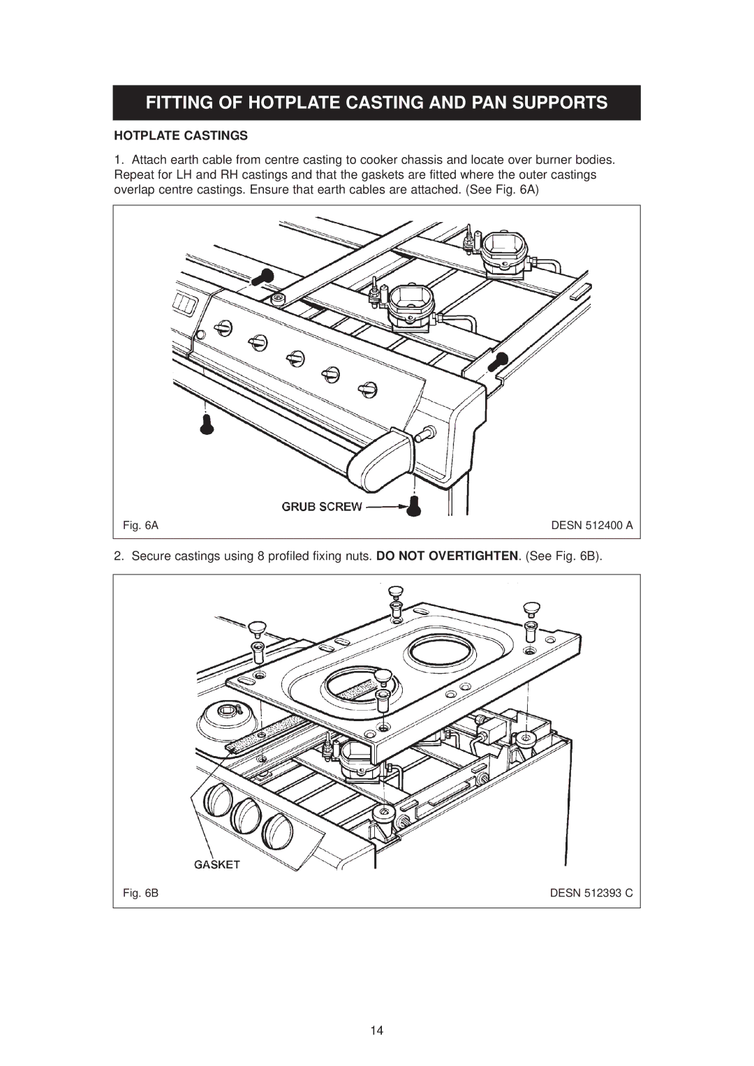 Aga Ranges 6-4 Series owner manual Fitting of Hotplate Casting and PAN Supports, Hotplate Castings 