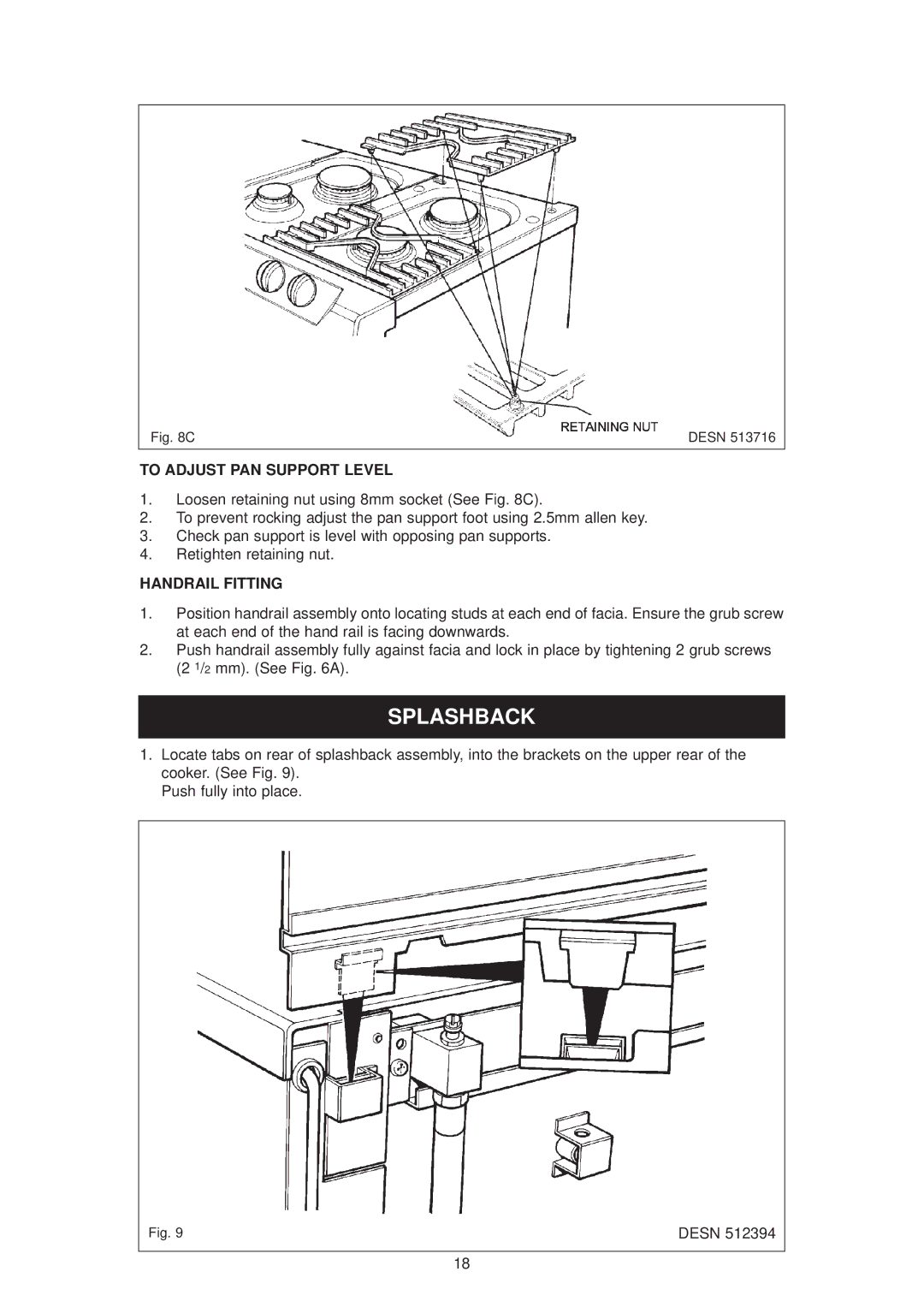 Aga Ranges 6-4 Series owner manual Splashback, To Adjust PAN Support Level, Handrail Fitting 