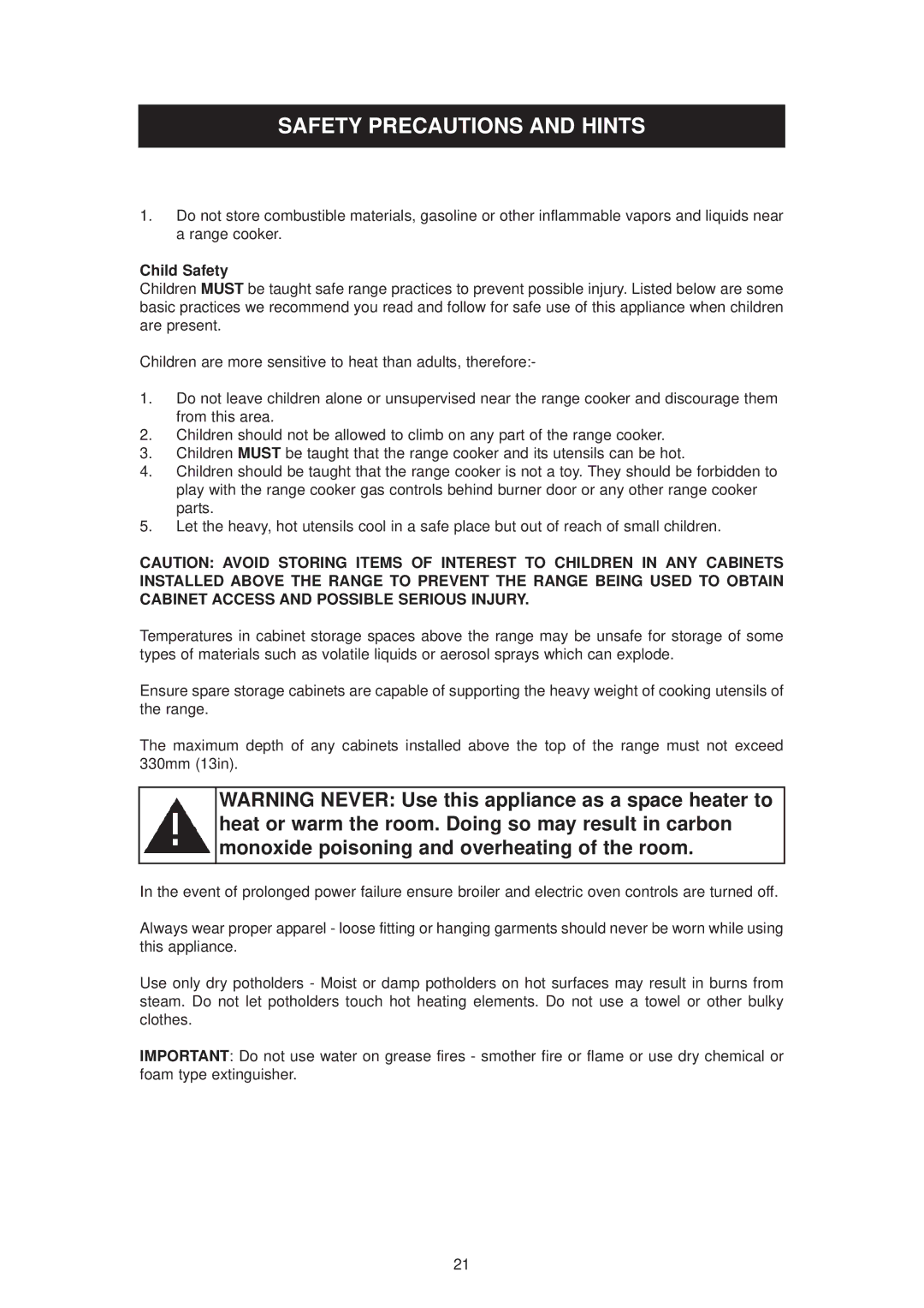 Aga Ranges 6-4 Series owner manual Safety Precautions and Hints, Child Safety 