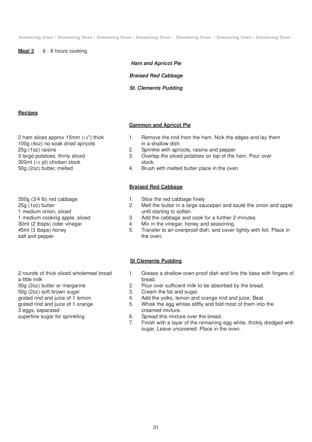 Aga Ranges 6-4 Series owner manual Recipes, Gammon and Apricot Pie, Braised Red Cabbage, St Clements Pudding 