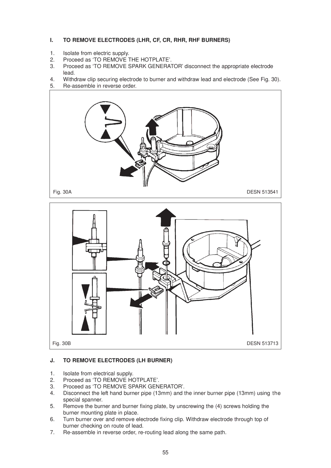 Aga Ranges 6-4 Series owner manual To Remove Electrodes LHR, CF, CR, RHR, RHF Burners, To Remove Electrodes LH Burner 