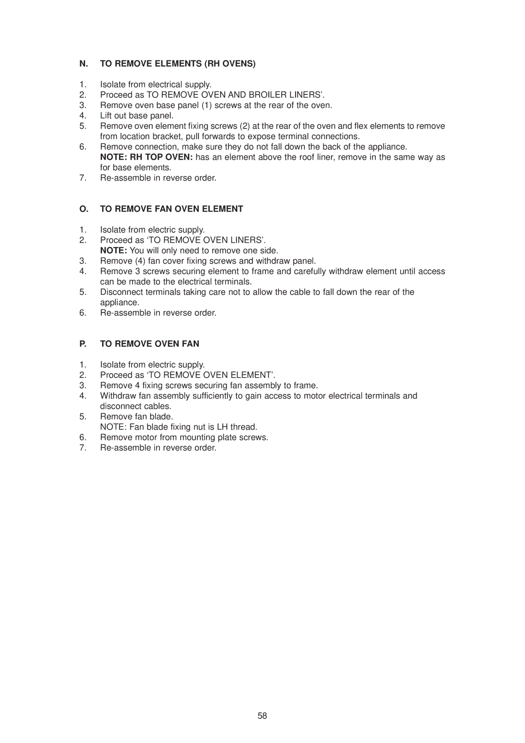 Aga Ranges 6-4 Series owner manual To Remove Elements RH Ovens, To Remove FAN Oven Element, To Remove Oven FAN 