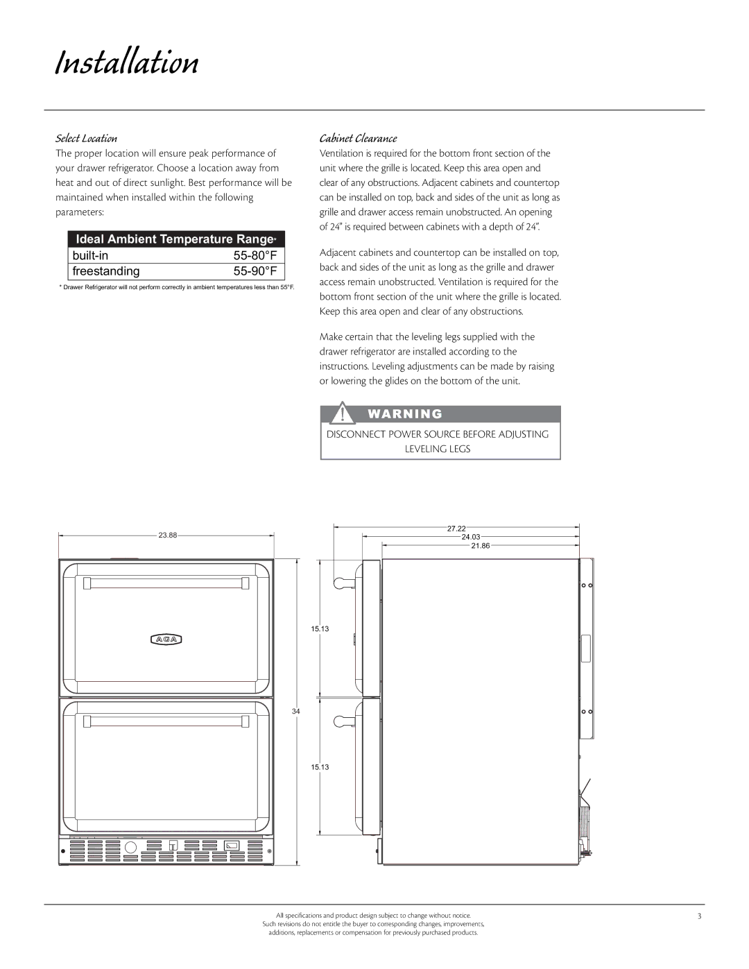 Aga Ranges 60RDA 115V manual Installation, Select Location, Cabinet Clearance 