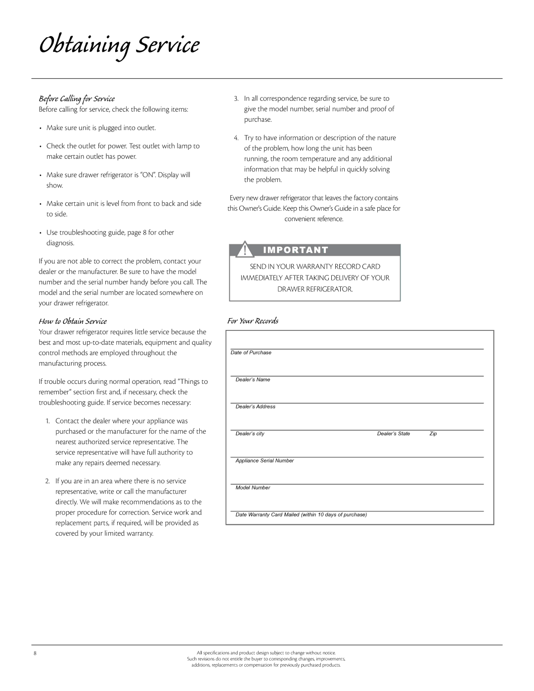 Aga Ranges 60RDA 115V manual Obtaining Service, Before Calling for Service, How to Obtain Service, For Your Records 