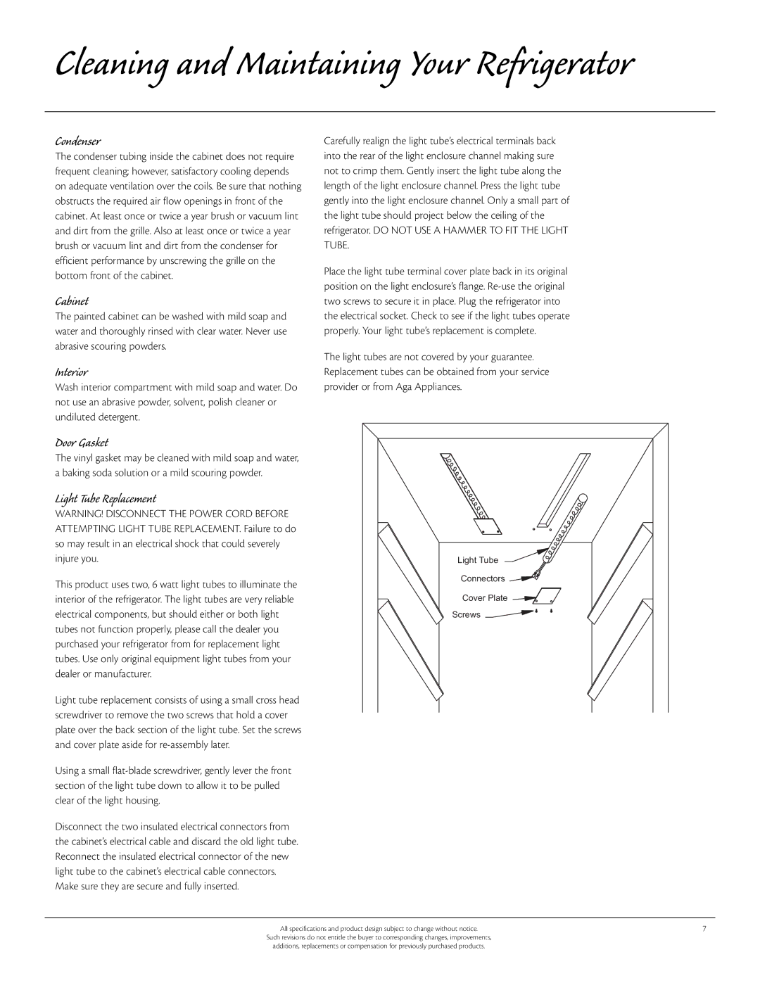 Aga Ranges 61ARA 115V manual Condenser, Cabinet, Interior, Door Gasket, Light Tube Replacement 