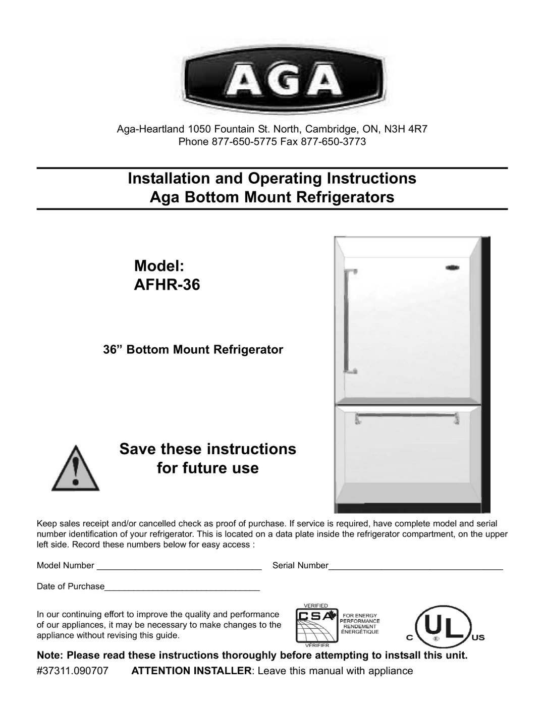 Aga Ranges AFHR-36 manual For future use, Bottom Mount Refrigerator 