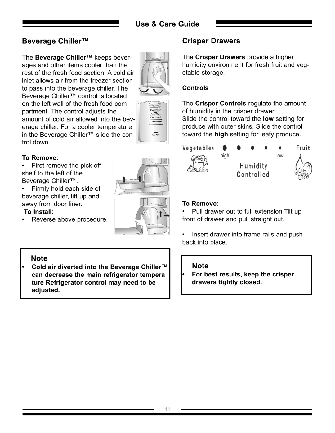 Aga Ranges AFHR-36 manual Use & Care Guide Beverage Chiller, Crisper Drawers, To Remove, To Install, Controls 