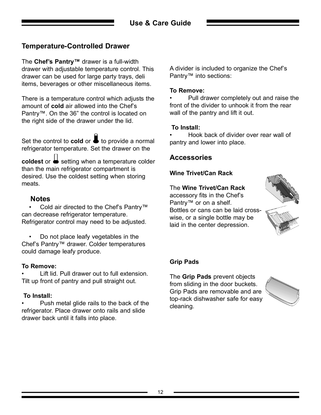 Aga Ranges AFHR-36 manual Use & Care Guide Temperature-Controlled Drawer, Accessories, Wine Trivet/Can Rack, Grip Pads 