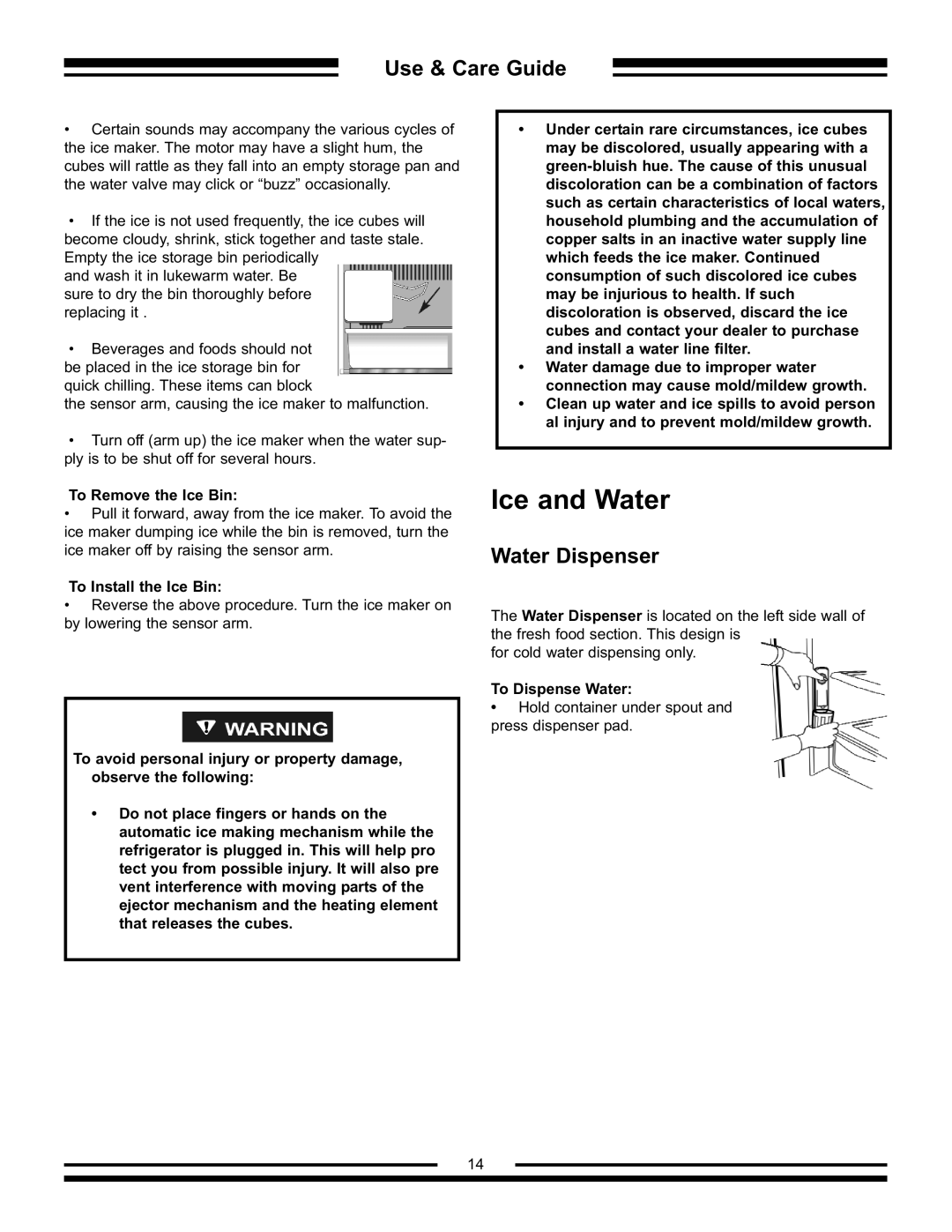 Aga Ranges AFHR-36 manual Water Dispenser, To Remove the Ice Bin 