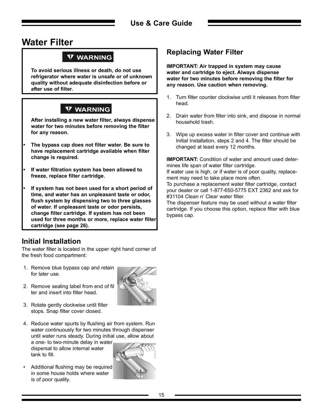 Aga Ranges AFHR-36 manual Replacing Water Filter, Initial Installation 