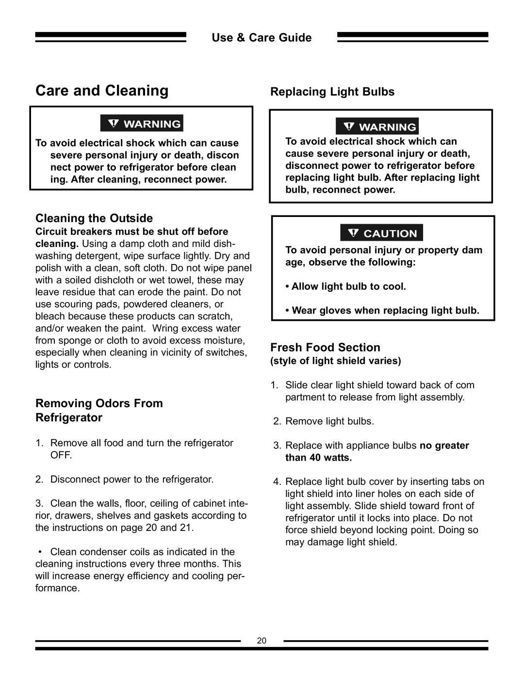 Aga Ranges AFHR-36 Care and Cleaning, Use & Care Guide Replacing Light Bulbs, Cleaning the Outside, Fresh Food Section 