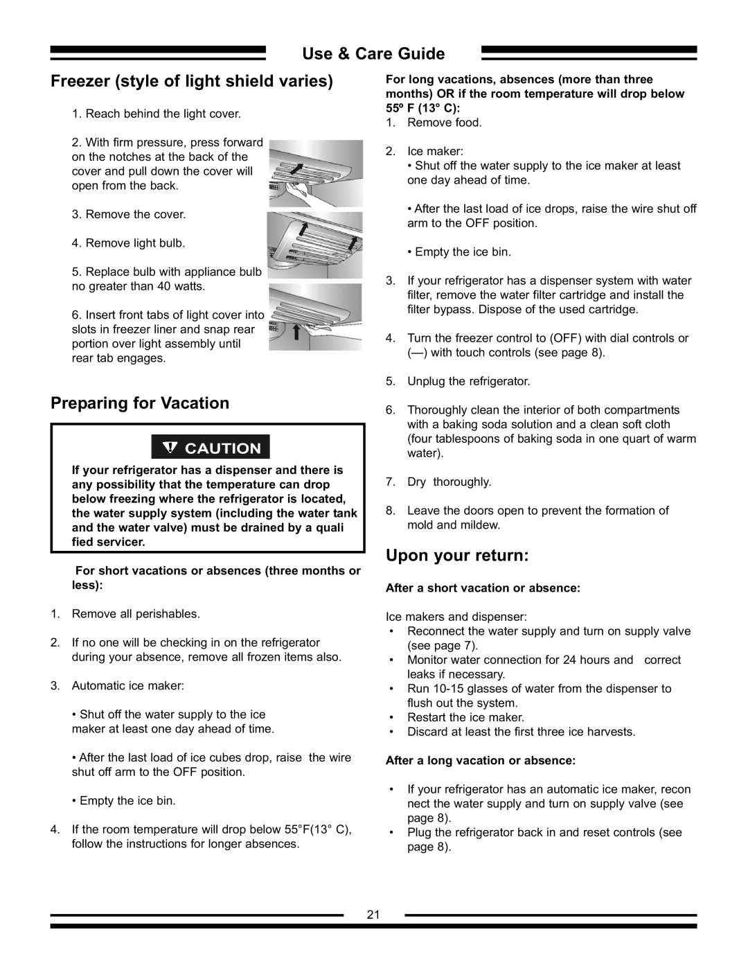 Aga Ranges AFHR-36 manual Use & Care Guide Freezer style of light shield varies, Preparing for Vacation, Upon your return 