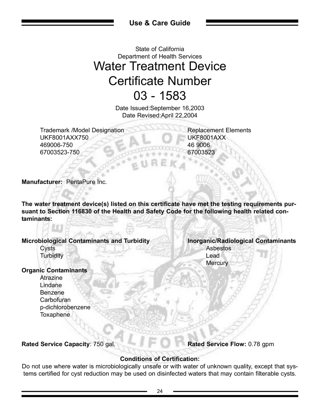 Aga Ranges AFHR-36 manual Organic Contaminants, Rated Service Capacity 750 gal, Conditions of Certification 