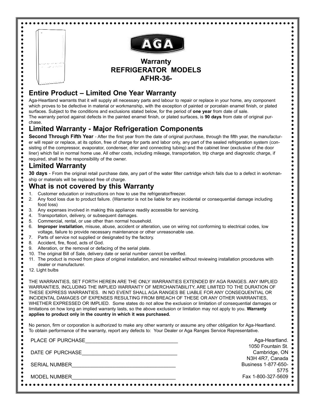 Aga Ranges manual AFHR-36 Entire Product Limited One Year Warranty, Limited Warranty Major Refrigeration Components 