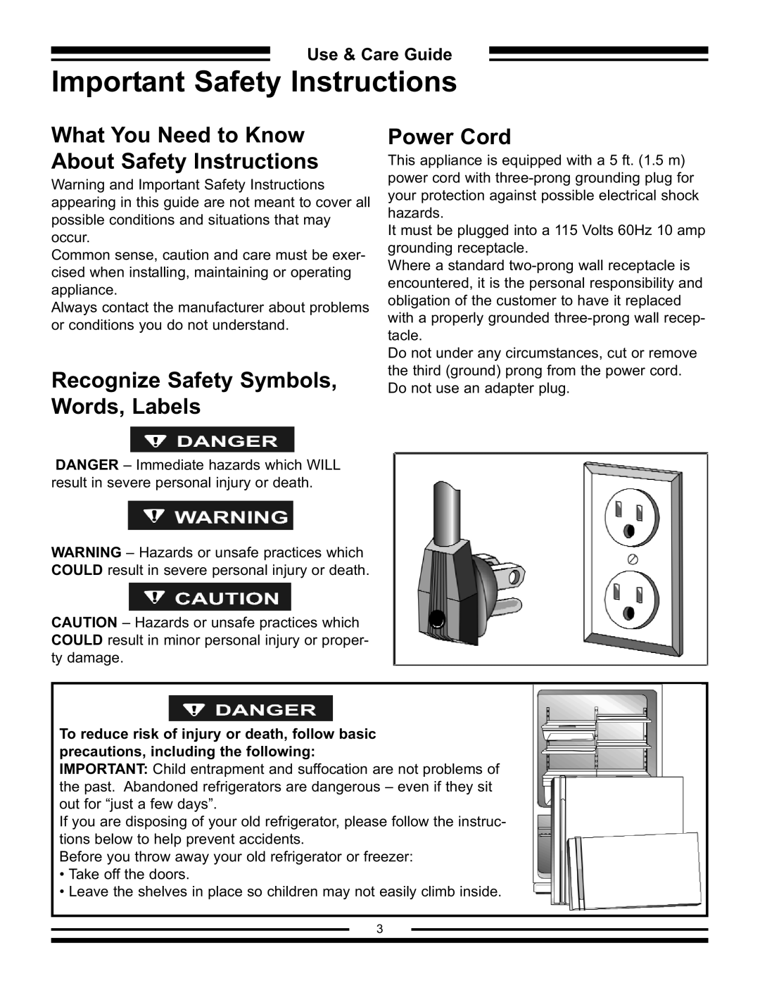 Aga Ranges AFHR-36 manual Recognize Safety Symbols, Words, Labels Power Cord, Use & Care Guide 