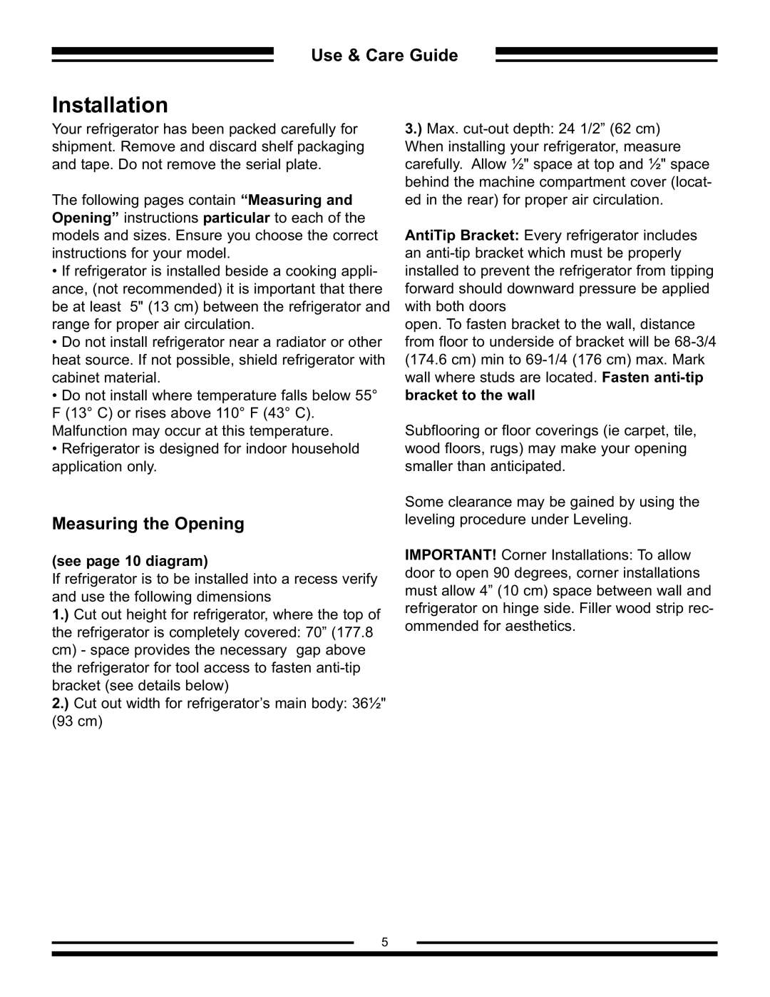 Aga Ranges AFHR-36 manual Installation, Measuring the Opening, See page 10 diagram 