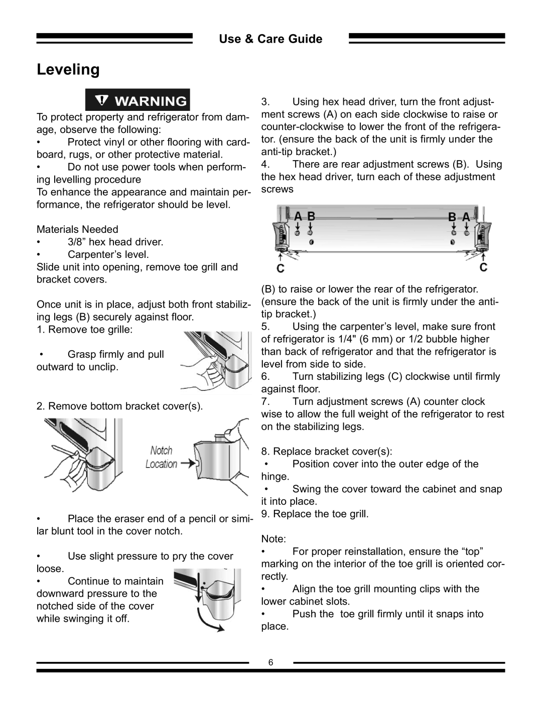 Aga Ranges AFHR-36 manual Leveling 