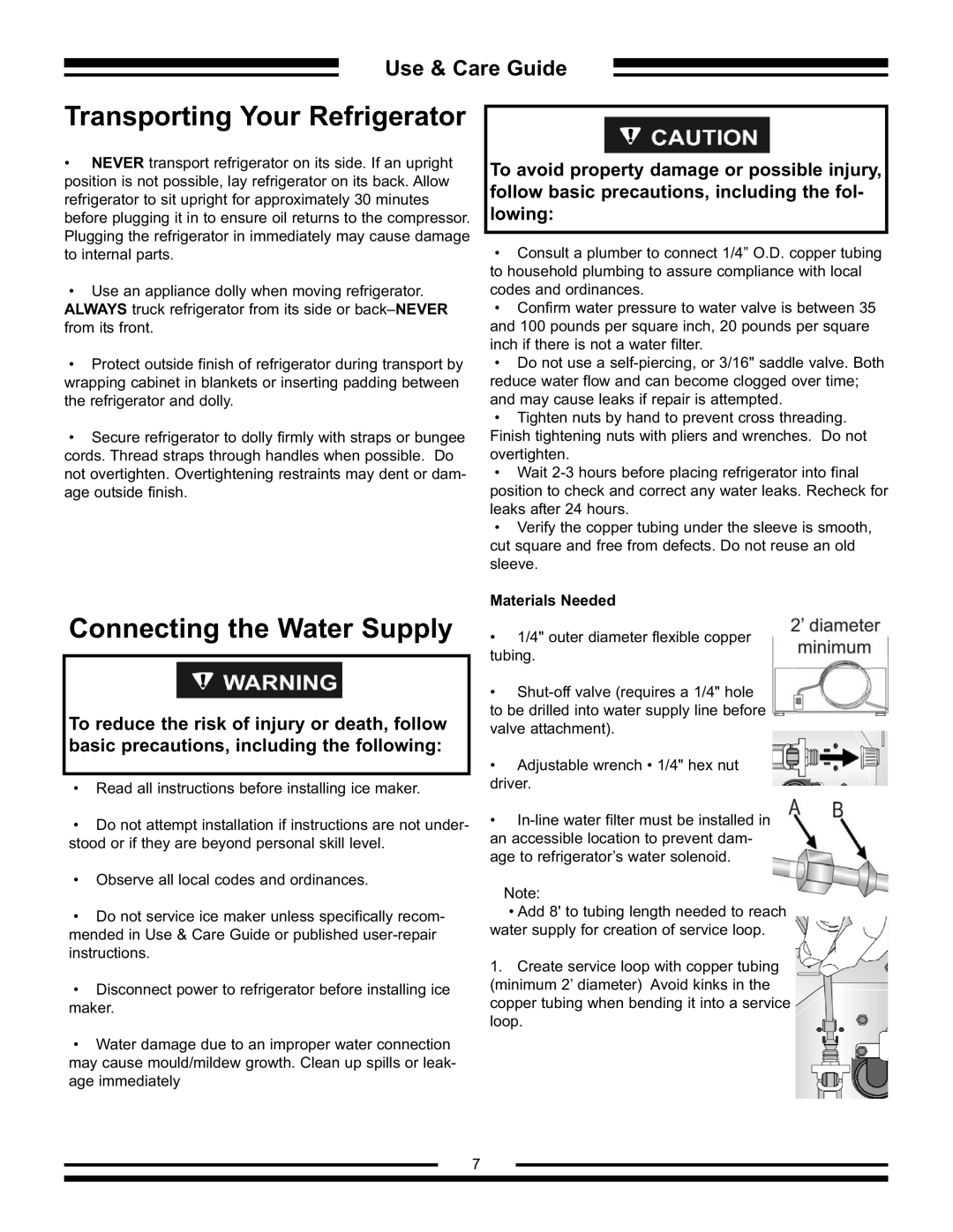 Aga Ranges AFHR-36 manual Transporting Your Refrigerator, Connecting the Water Supply 