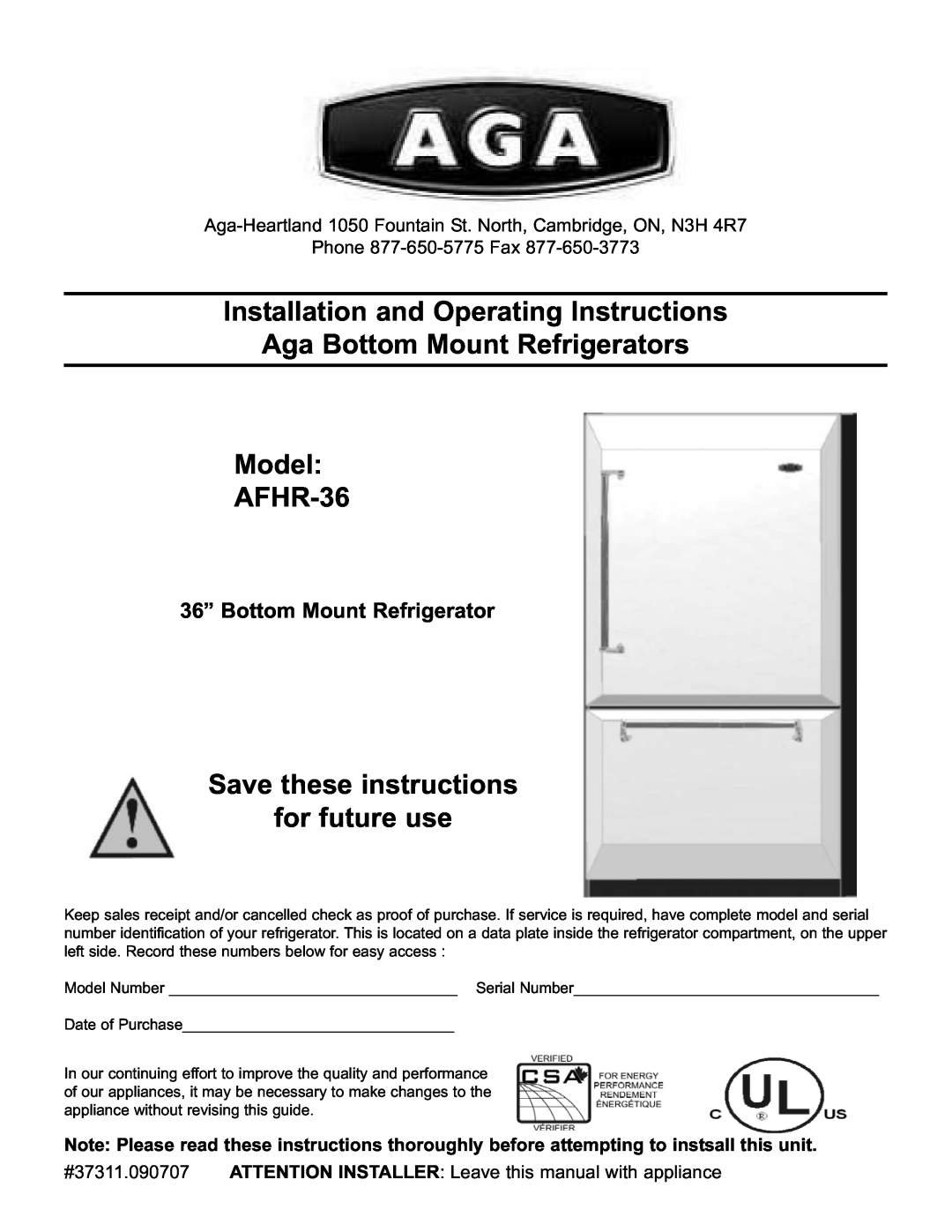 Aga Ranges manual Installation and Operating Instructions, Aga Bottom Mount Refrigerators Model AFHR-36 