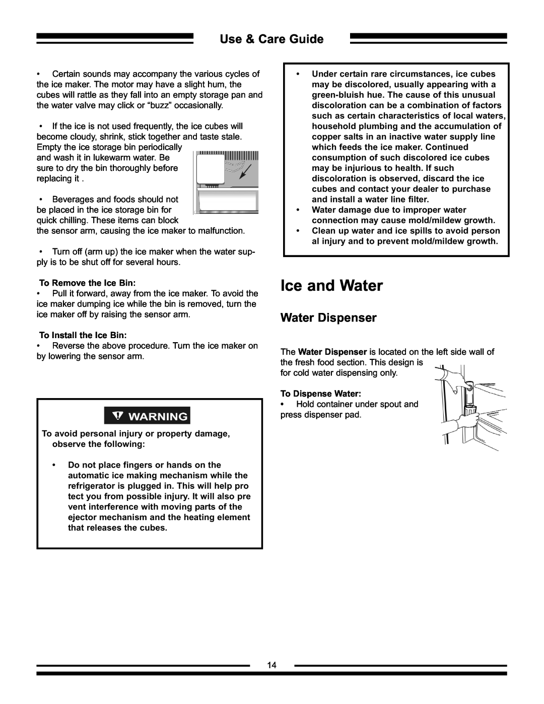 Aga Ranges AFHR-36 manual Water Dispenser, Ice and Water, Use & Care Guide, Beverages and foods should not 
