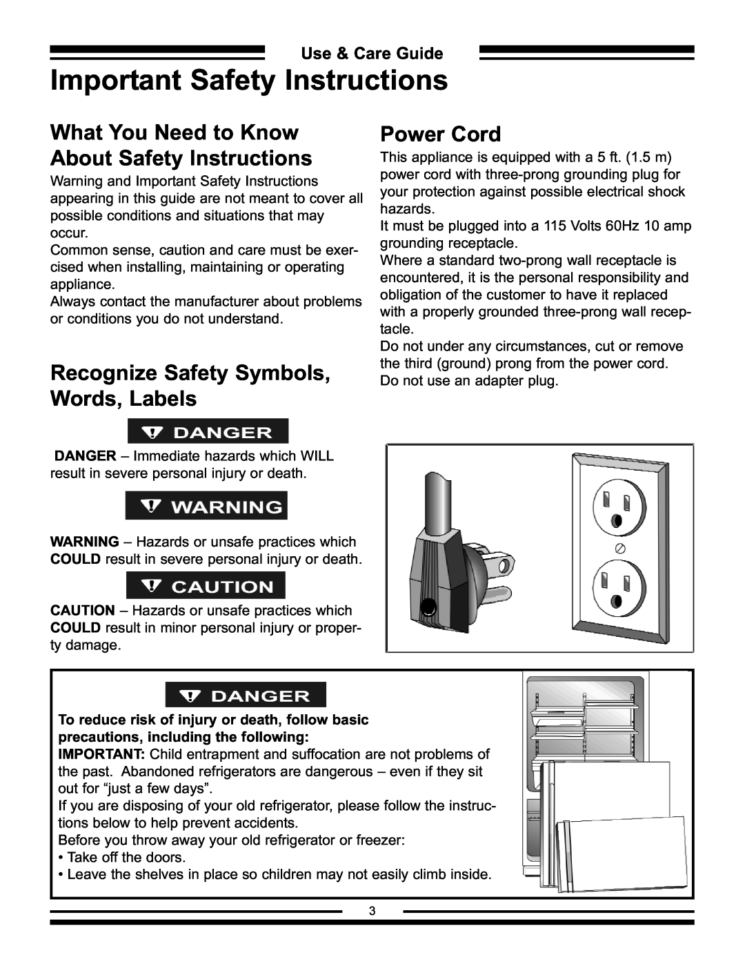 Aga Ranges AFHR-36 Recognize Safety Symbols, Words, Labels, Power Cord, Use & Care Guide, Important Safety Instructions 