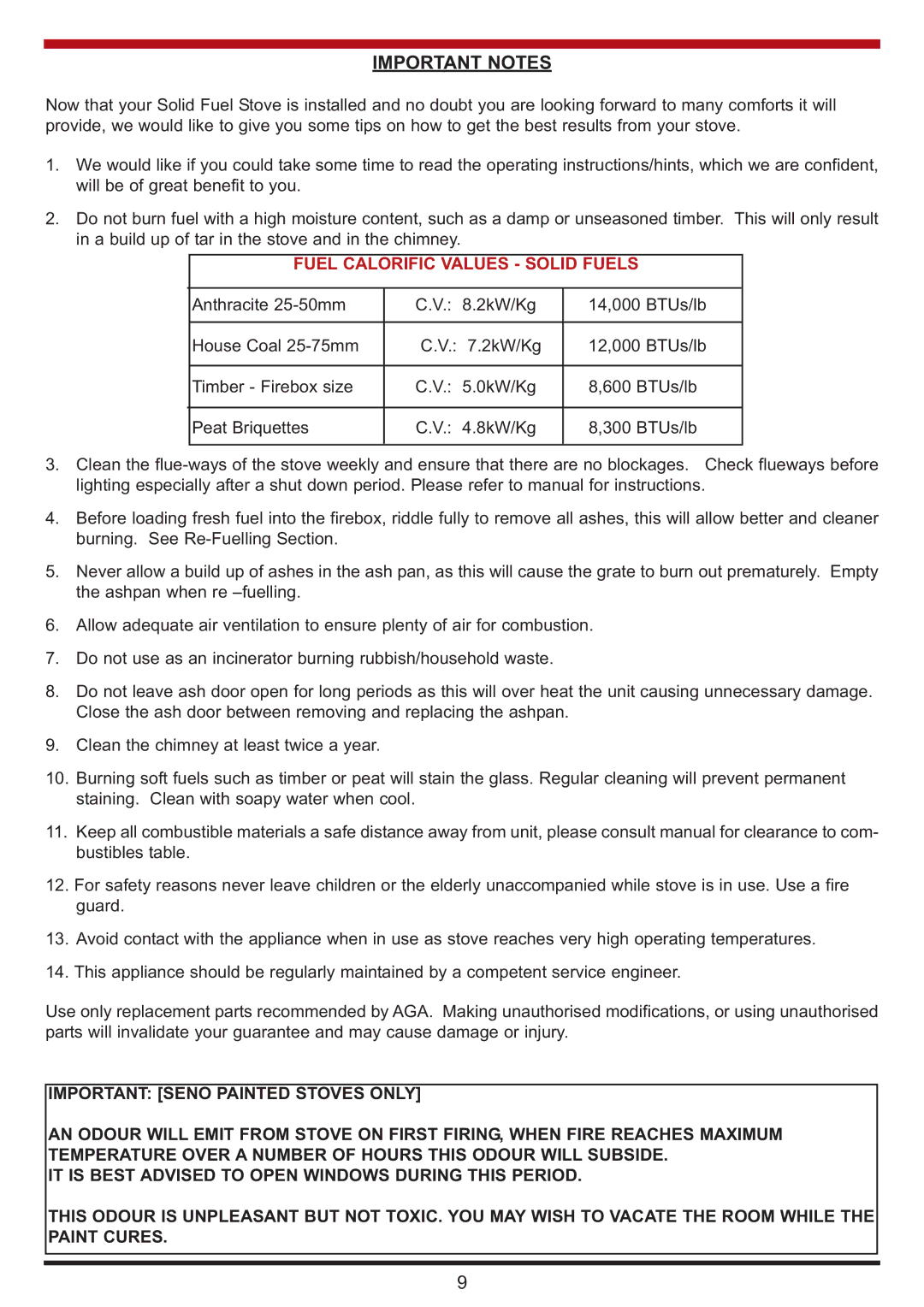 Aga Ranges Berrington manual Important Notes, Fuel Calorific Values Solid Fuels 