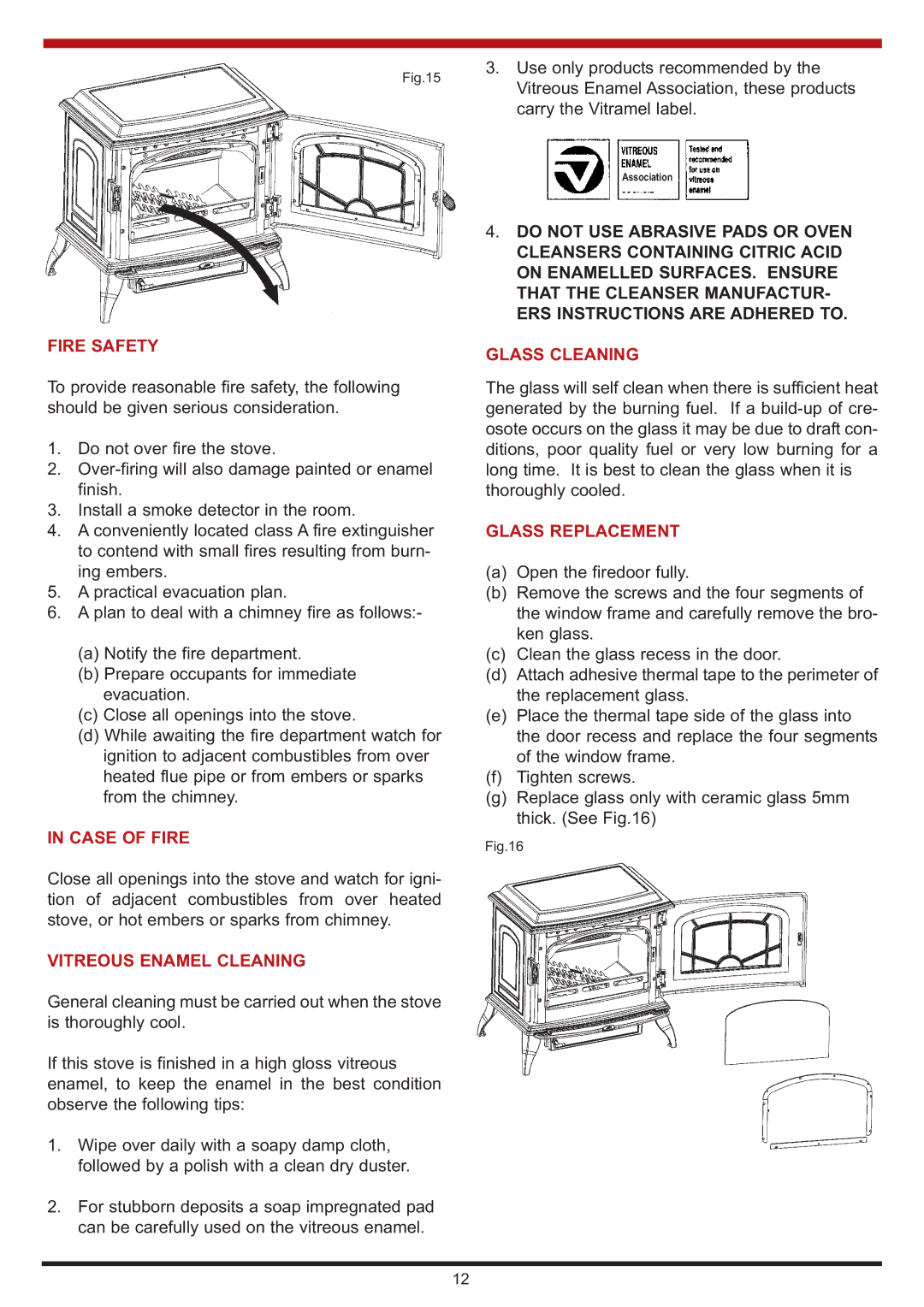 Aga Ranges Berrington manual Fire Safety, Case of Fire, Vitreous Enamel Cleaning, Glass Cleaning, Glass Replacement 