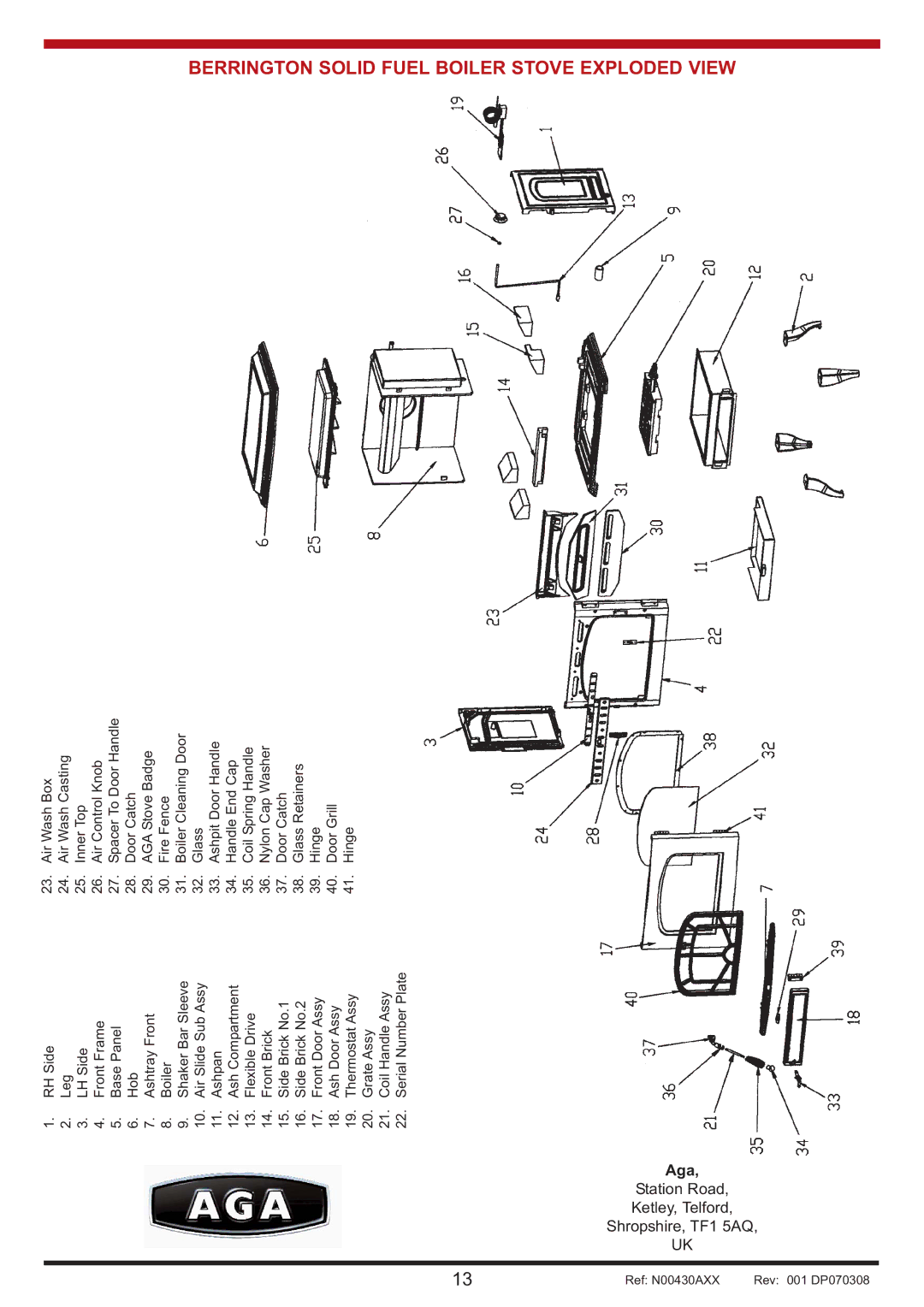 Aga Ranges manual Berrington Solid Fuel Boiler Stove Exploded View 