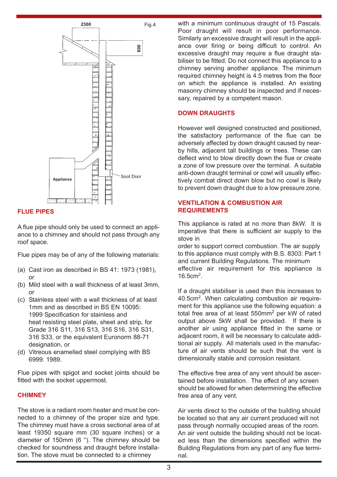 Aga Ranges Berrington manual Flue Pipes, Down Draughts, Ventilation & Combustion AIR Requirements, Chimney 