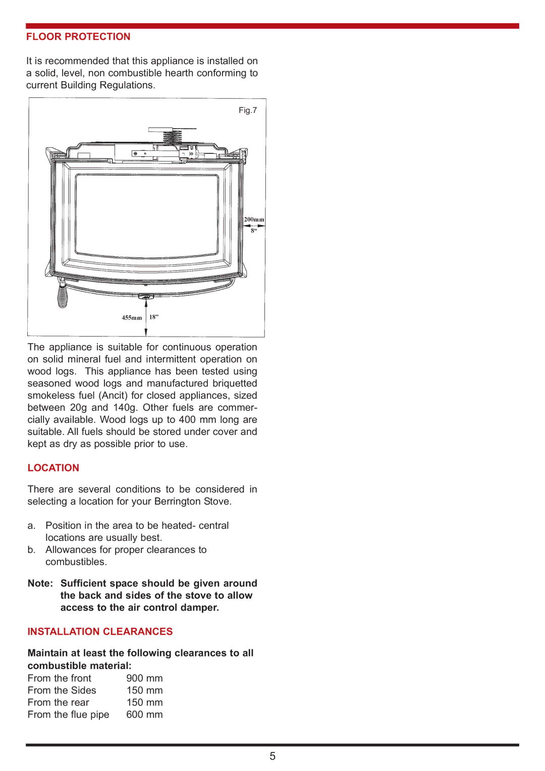 Aga Ranges Berrington manual Floor Protection, Location, Installation Clearances 