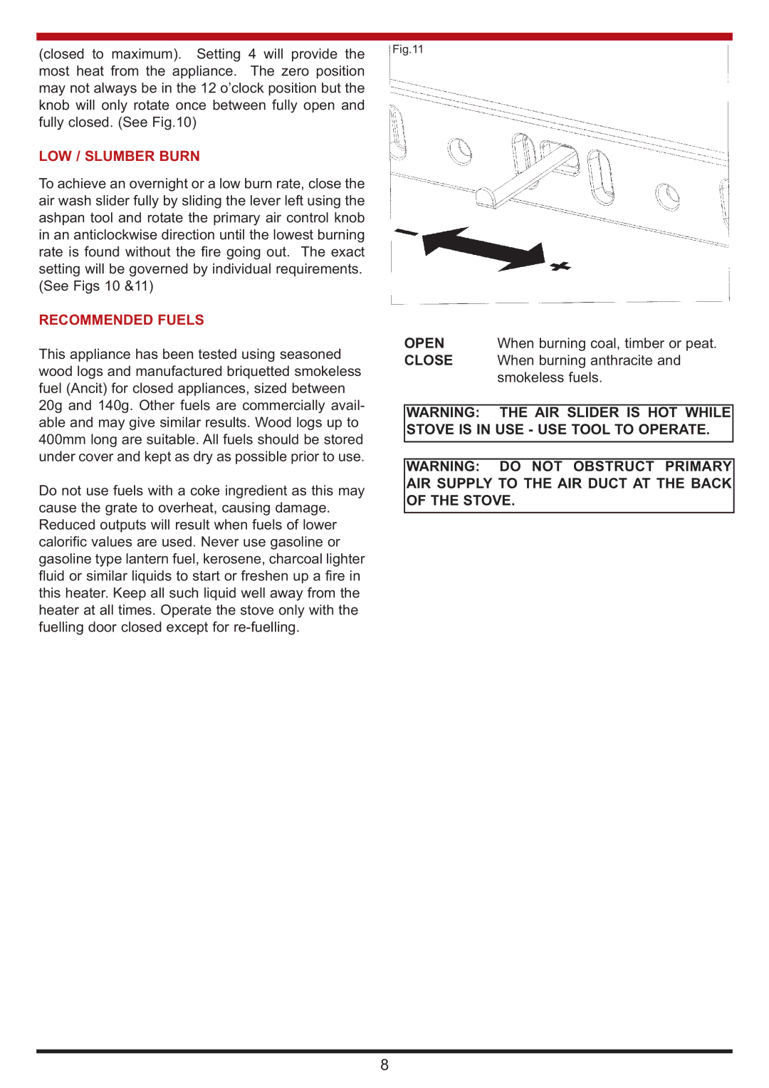 Aga Ranges Berrington manual LOW / Slumber Burn, Recommended Fuels 