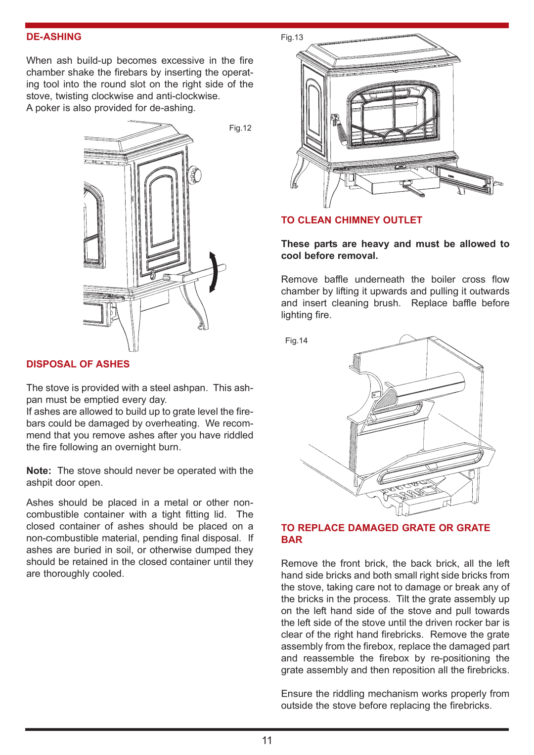 Aga Ranges Berrington manual De-Ashing, Disposal Of Ashes, To Clean Chimney Outlet, To Replace Damaged Grate Or Grate Bar 