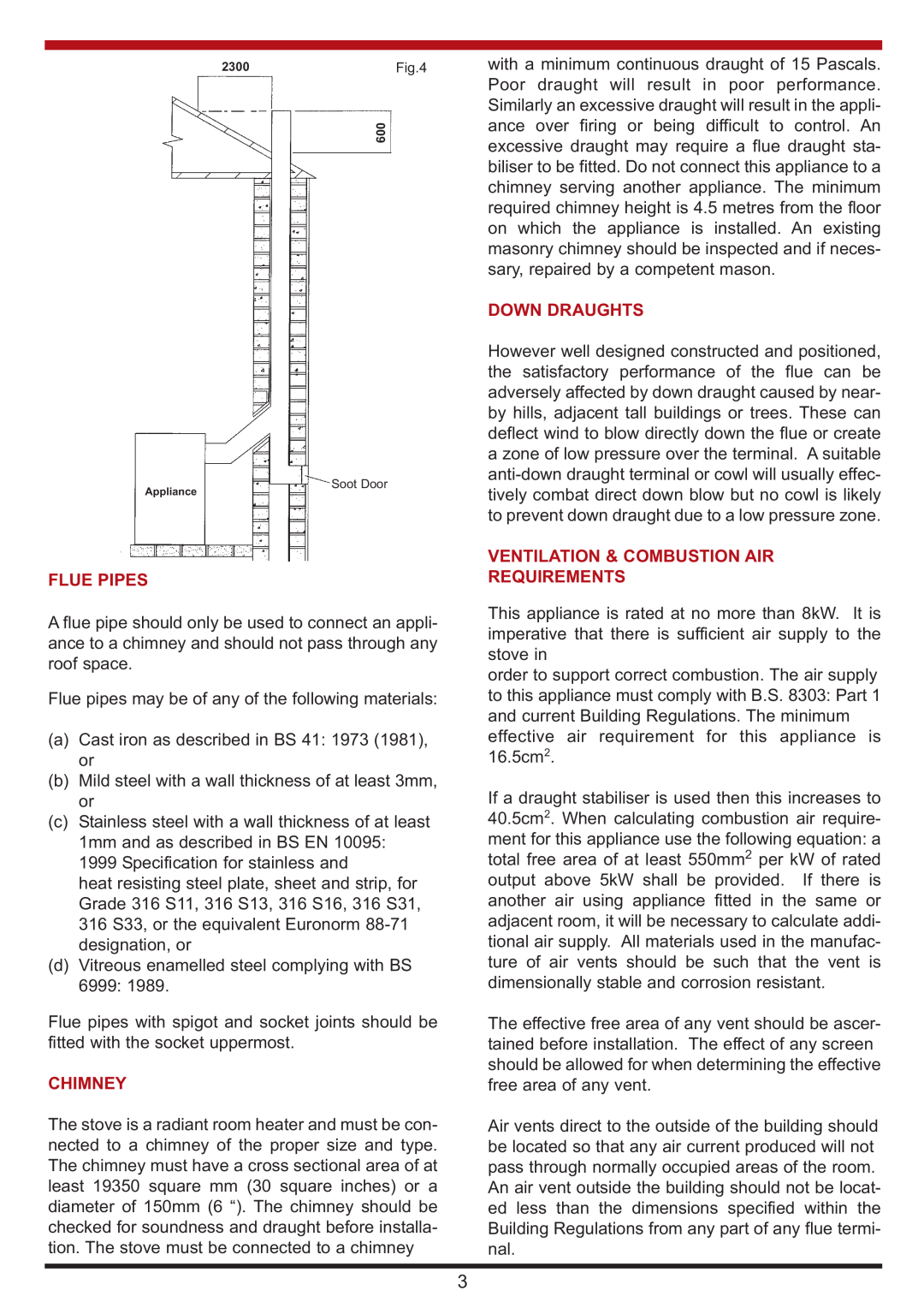 Aga Ranges Berrington manual Flue Pipes, Down Draughts, Ventilation & Combustion Air Requirements, Chimney 
